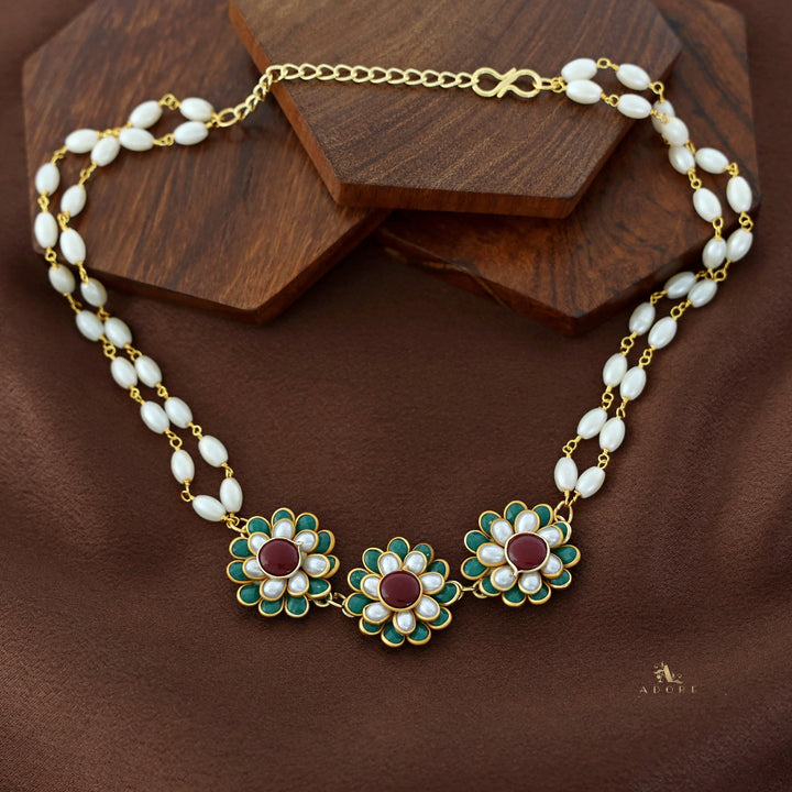 Golden Double Layer Tri Flower Pearl Choker