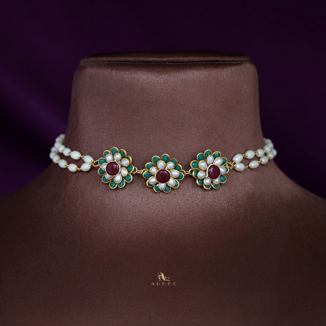 Golden Double Layer Tri Flower Pearl Choker