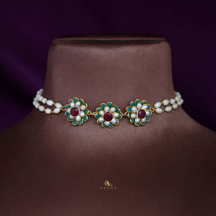 Golden Double Layer Tri Flower Pearl Choker