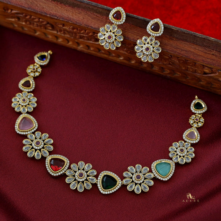 Premium Curvy Triangle Flower Neckpiece With Earring