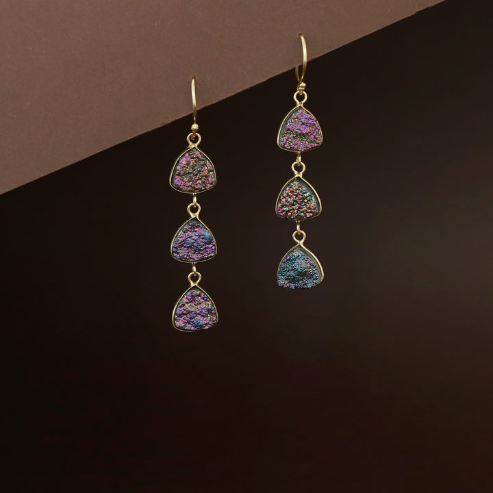 Rima Tri Curved Triangle  Natural Glitter Druzy Stone Drop