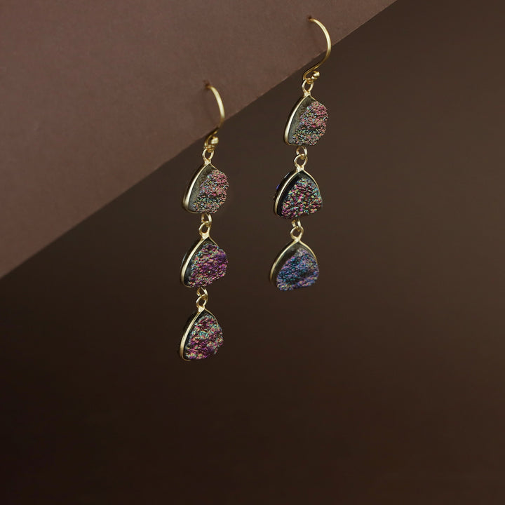Rima Tri Curved Triangle  Natural Glitter Druzy Stone Drop