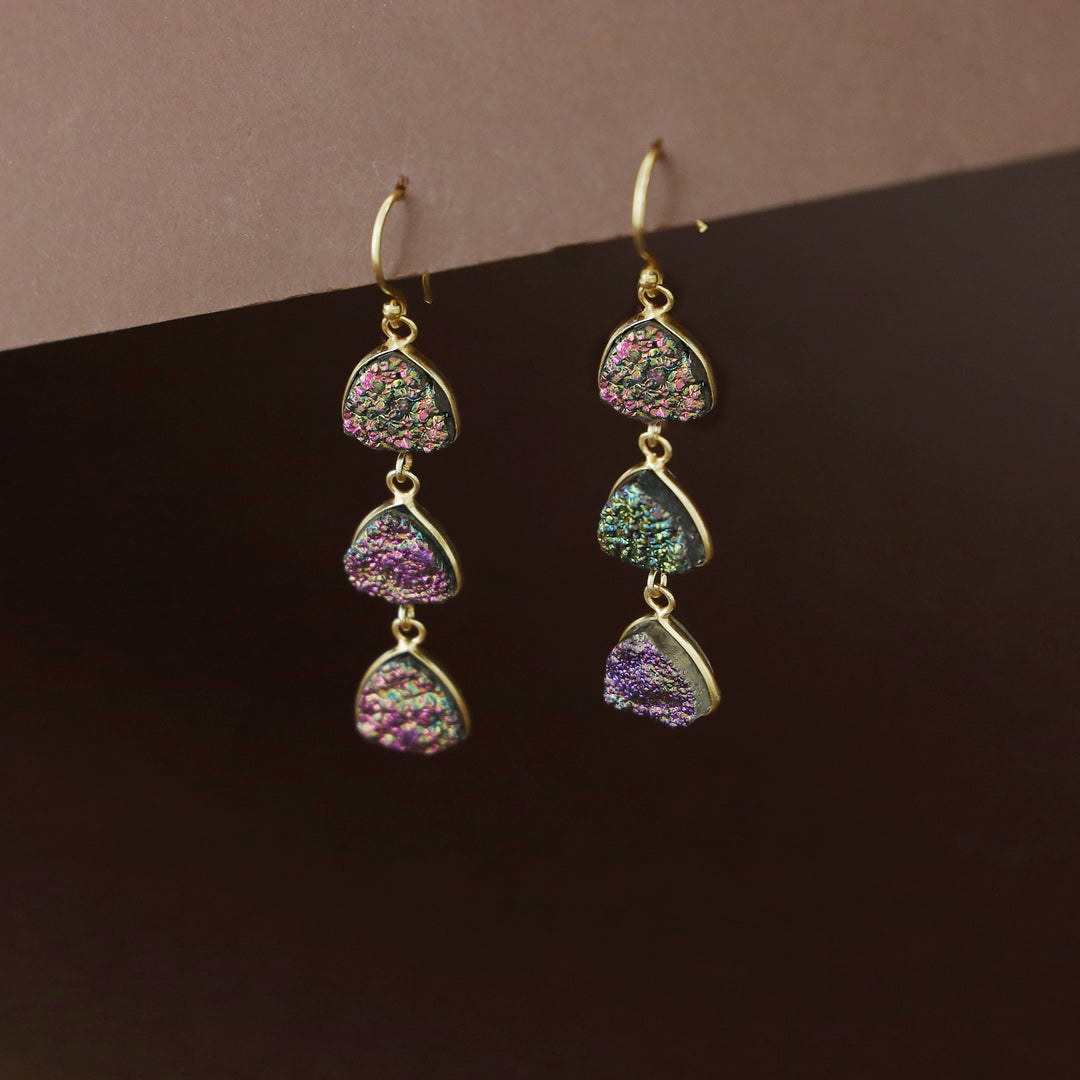 Rima Tri Curved Triangle  Natural Glitter Druzy Stone Drop