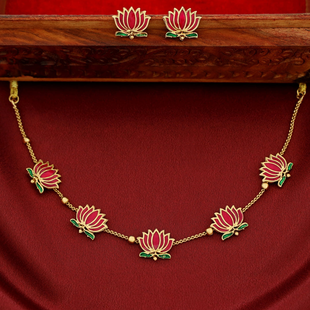 Golden Ball Advaita Enamel Lotus Short Neckpiece / Choker With Earring