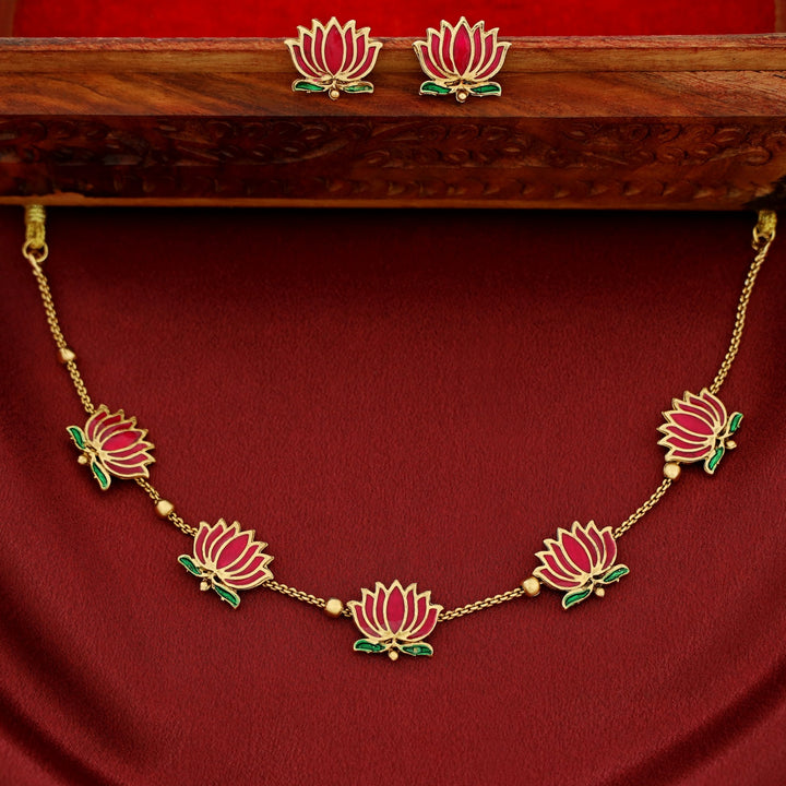Golden Ball Advaita Enamel Lotus Short Neckpiece / Choker With Earring