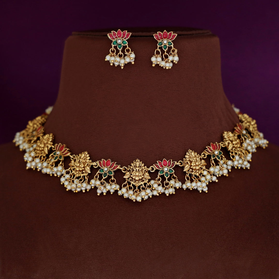 Arusha Mini Lotus Cluster Pearl Devi Neckpiece With Earring