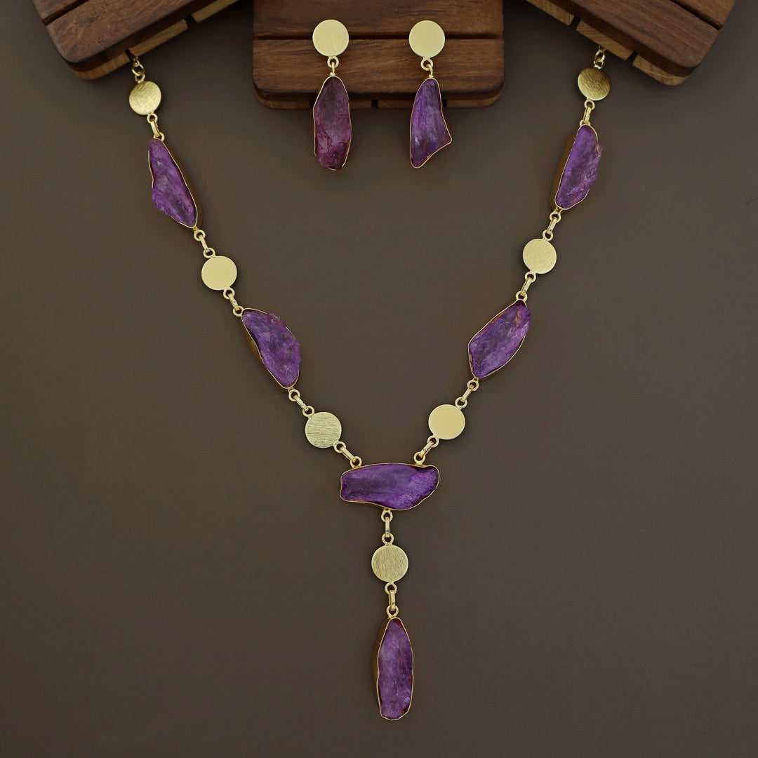 Golden Textured Circle + Dyed Stone Neckpiece With Earring