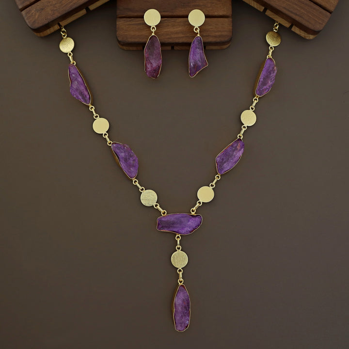 Golden Textured Circle + Dyed Stone Neckpiece With Earring