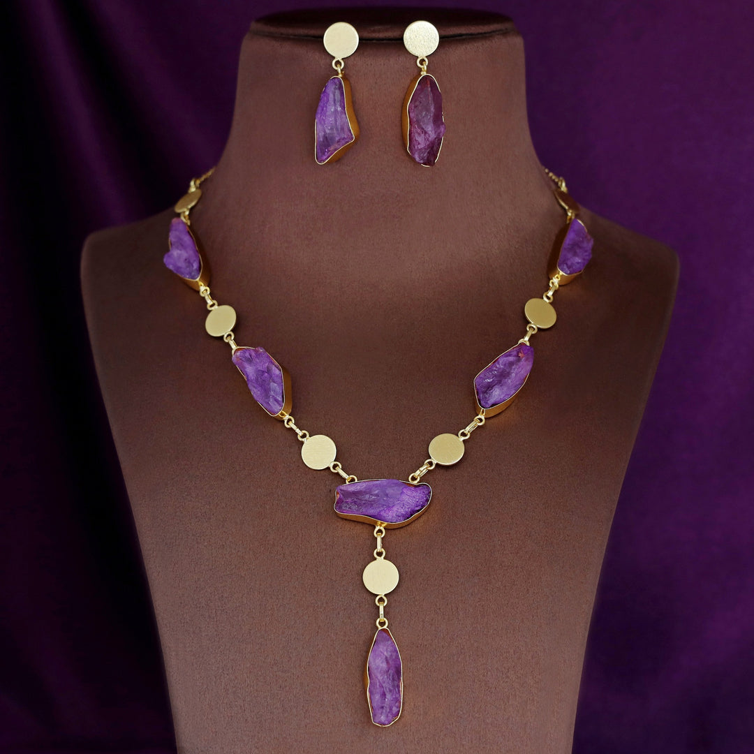 Golden Textured Circle + Dyed Stone Neckpiece With Earring