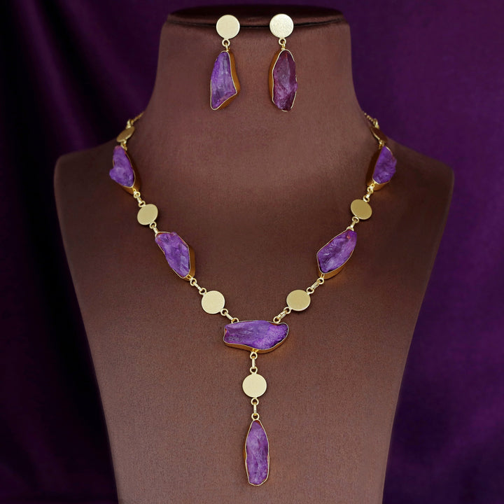 Golden Textured Circle + Dyed Stone Neckpiece With Earring