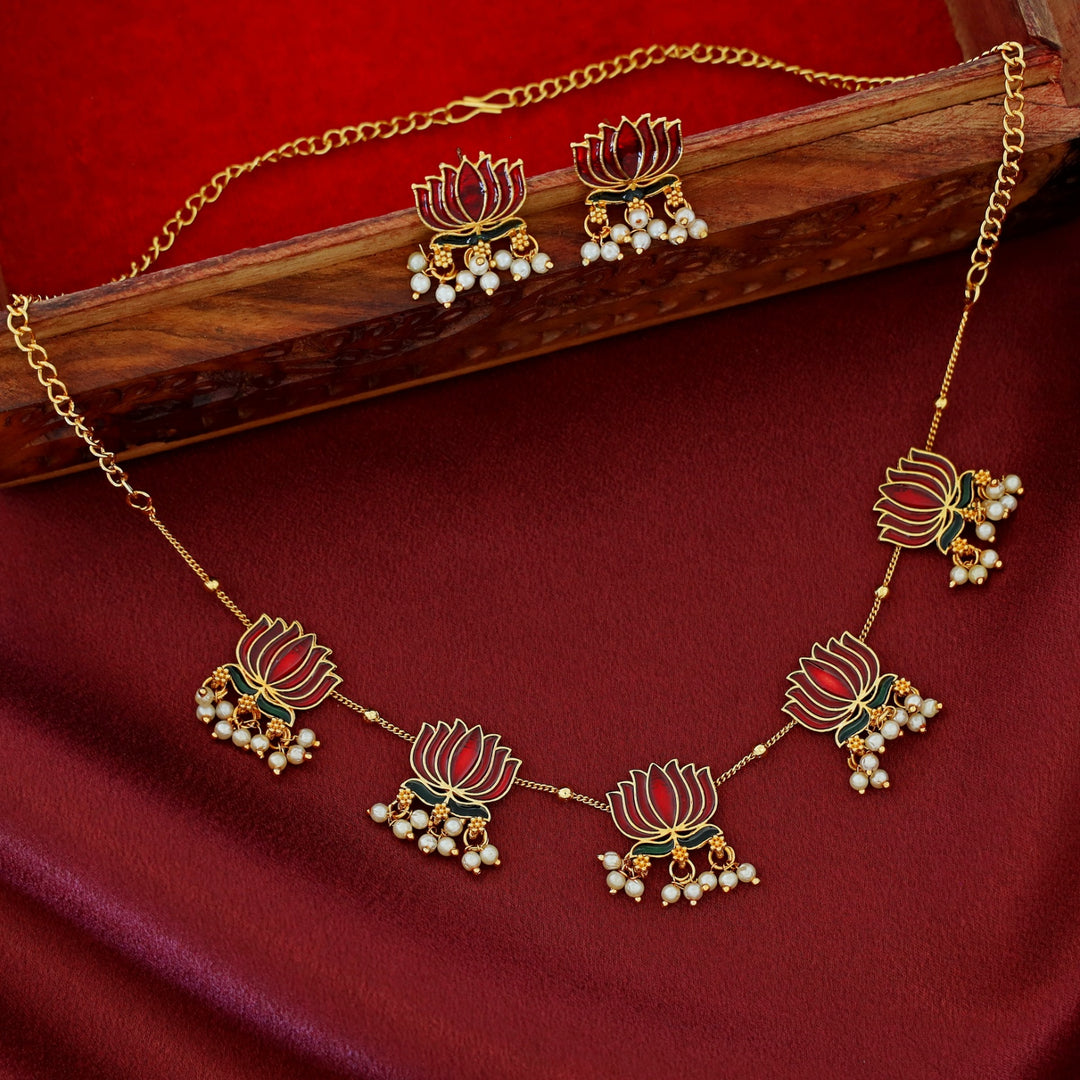 Advaita Enamel Lotus Pearl Short Neckpiece / Choker With Earring
