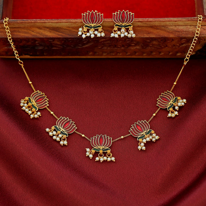 Advaita Enamel Lotus Pearl Short Neckpiece / Choker With Earring