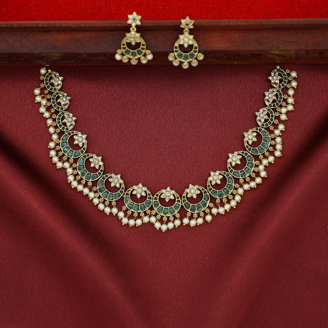 Mumtaz Half Moon and Flower Neckpiece with Earring
