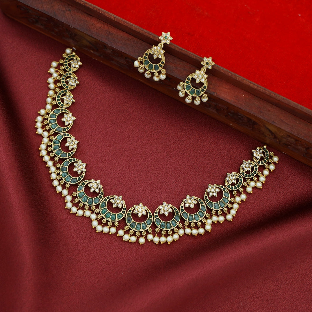 Mumtaz Half Moon and Flower Neckpiece with Earring