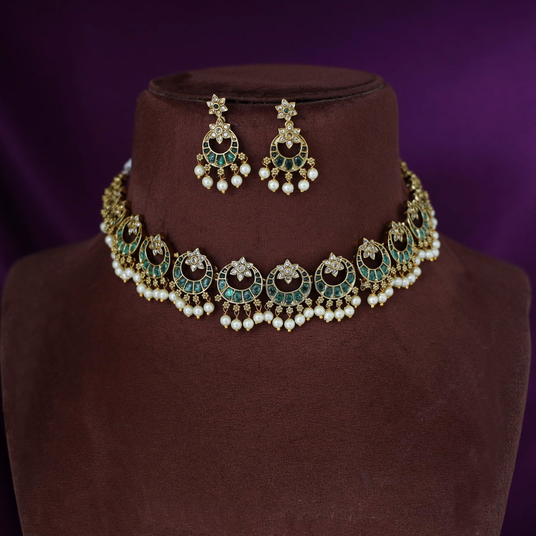 Mumtaz Half Moon and Flower Neckpiece with Earring