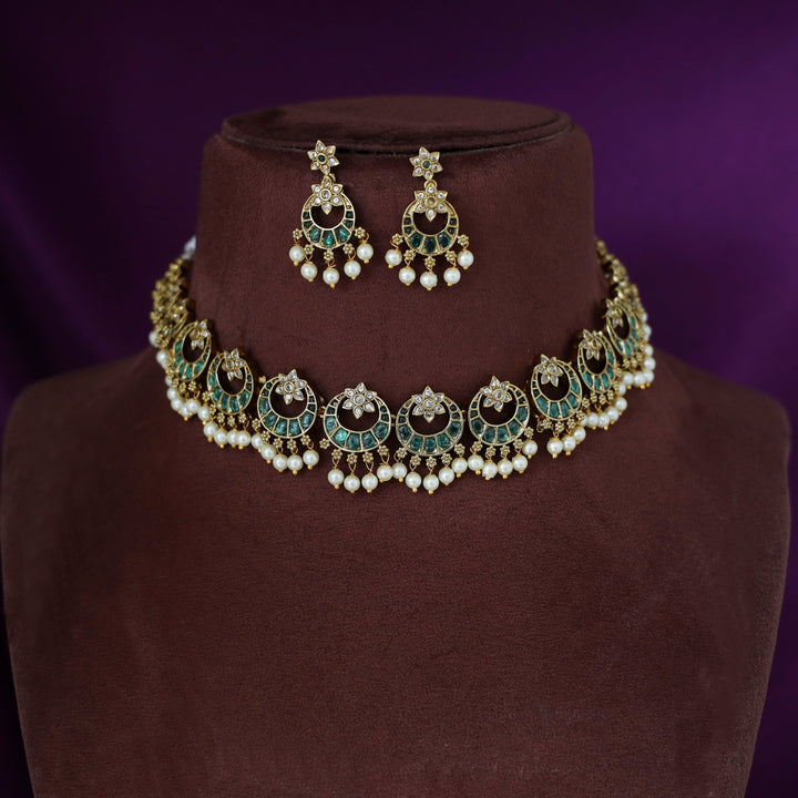 Mumtaz Half Moon and Flower Neckpiece with Earring
