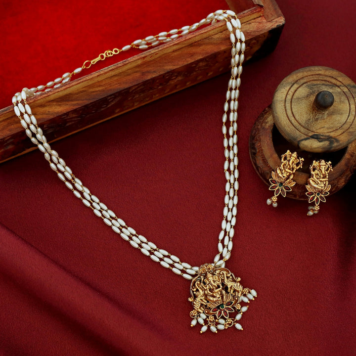 3 Layer Rice Pearl Vinayaka Pendant Neckpiece With Earring