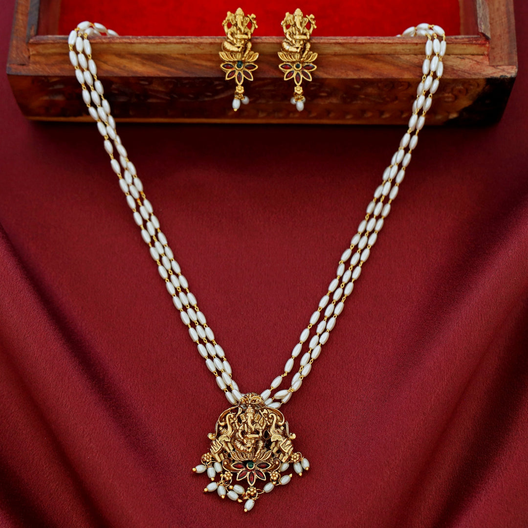 3 Layer Rice Pearl Vinayaka Pendant Neckpiece With Earring