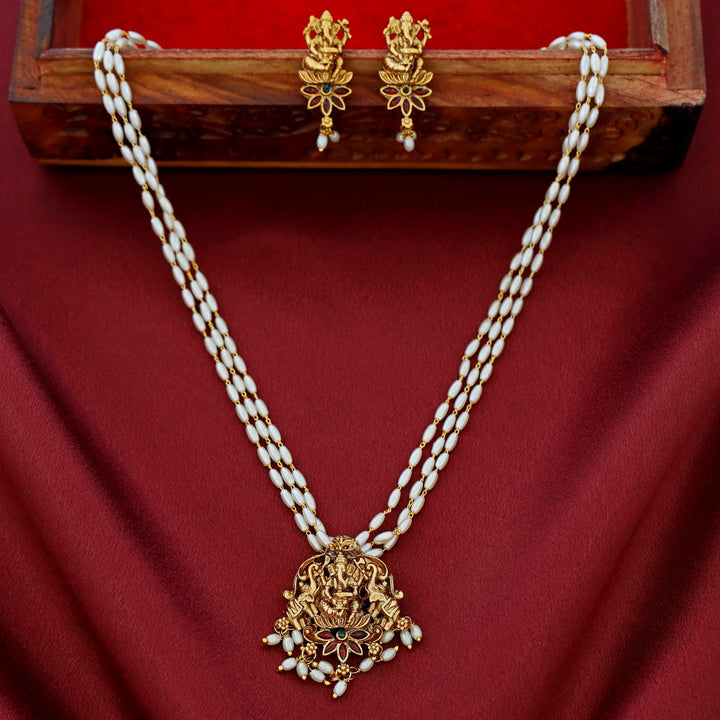 3 Layer Rice Pearl Vinayaka Pendant Neckpiece With Earring