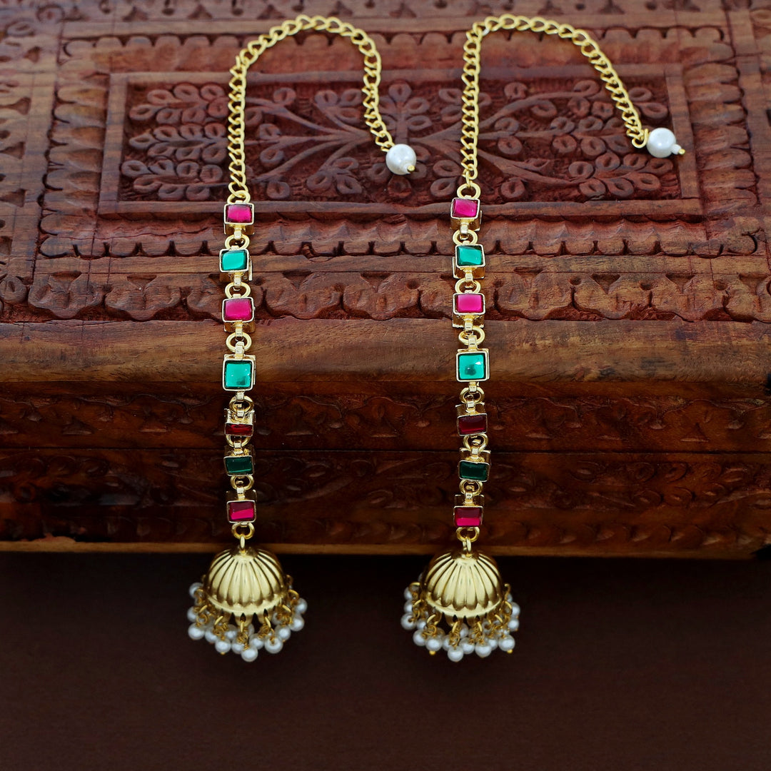 Namrutha Kemp Stone Pearl Jhumka With Ear Chain