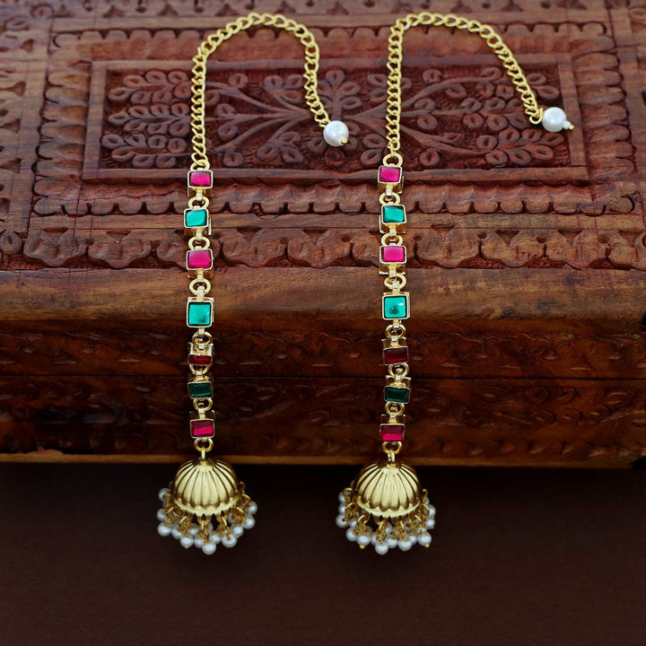 Namrutha Kemp Stone Pearl Jhumka With Ear Chain