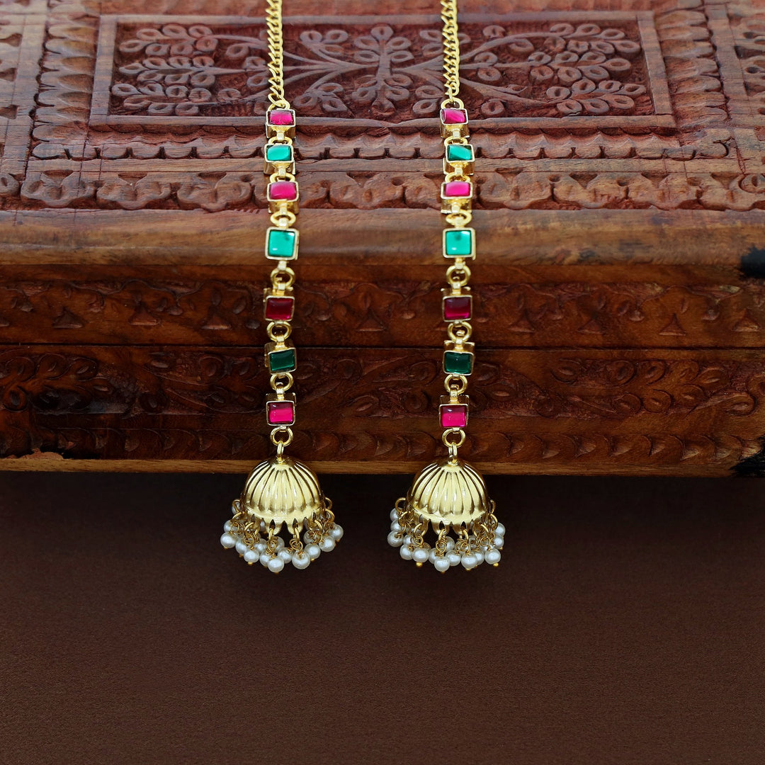 Namrutha Kemp Stone Pearl Jhumka With Ear Chain