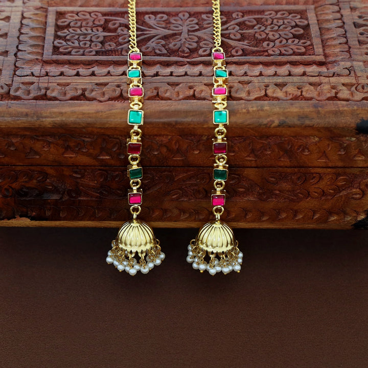 Namrutha Kemp Stone Pearl Jhumka With Ear Chain