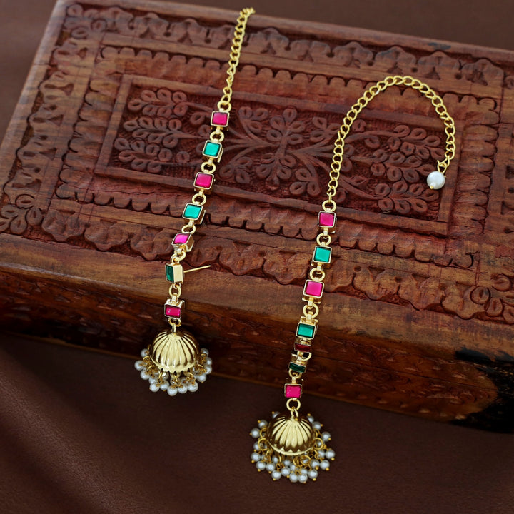 Namrutha Kemp Stone Pearl Jhumka With Ear Chain