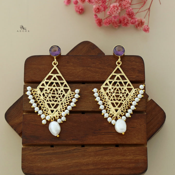 Glossy Diamond Frame Pearl + Baroque Earring