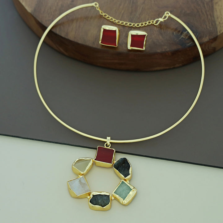 Raw Stone Golden Chakra Neck Cuff With Stud