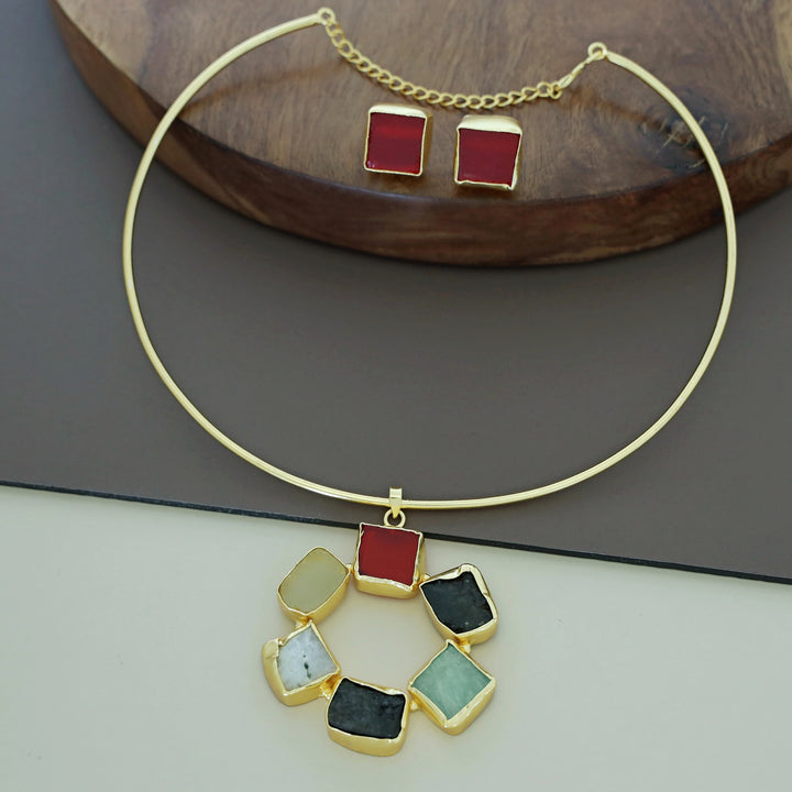 Raw Stone Golden Chakra Neck Cuff With Stud