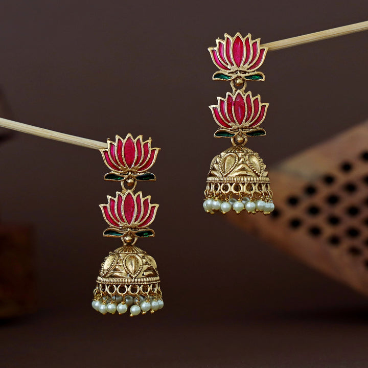 Advaita Enamel Dual Lotus Pearl Jhumka