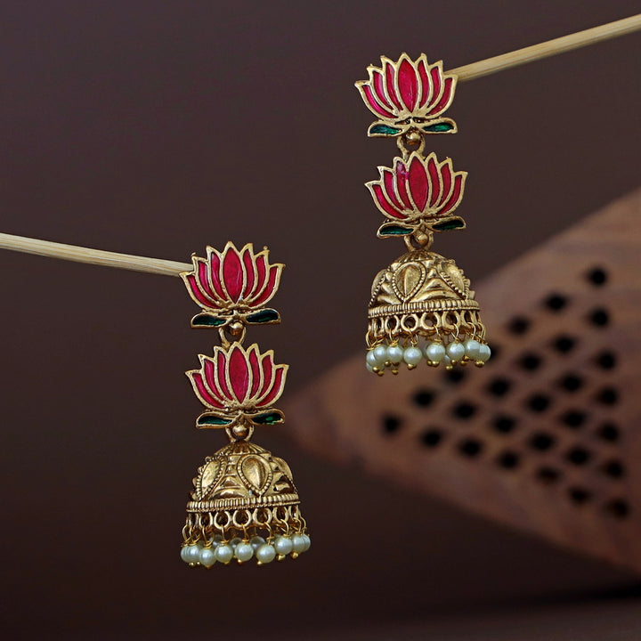 Advaita Enamel Dual Lotus Pearl Jhumka