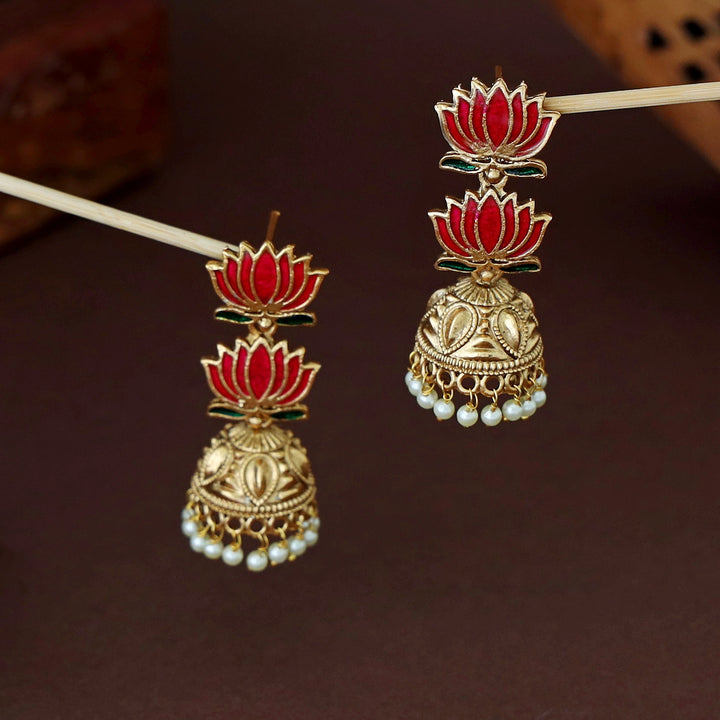 Advaita Enamel Dual Lotus Pearl Jhumka