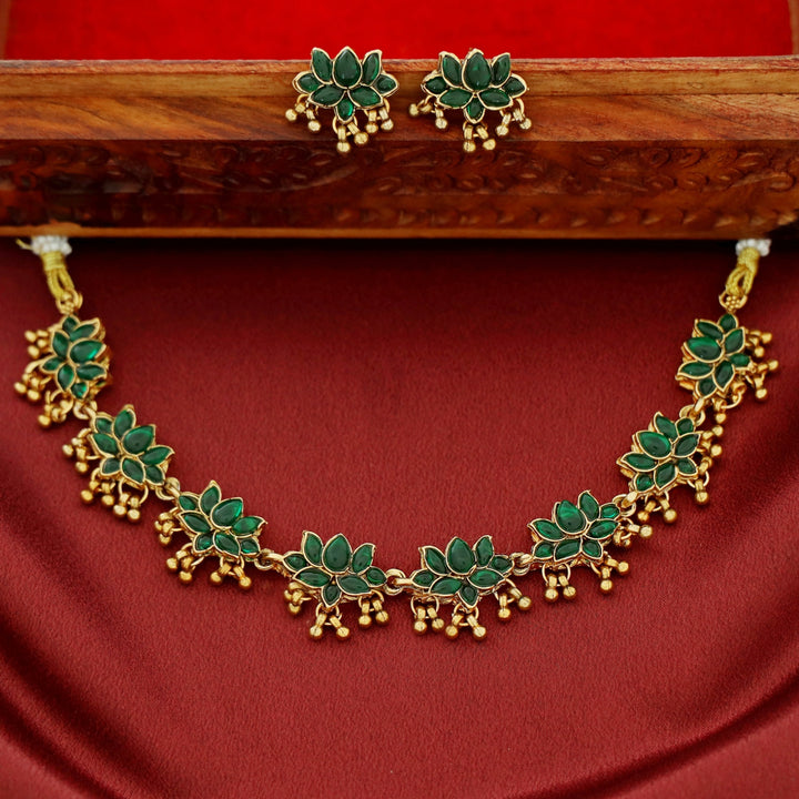 Anshika Golden Beads Lotus Neckpiece With Earring