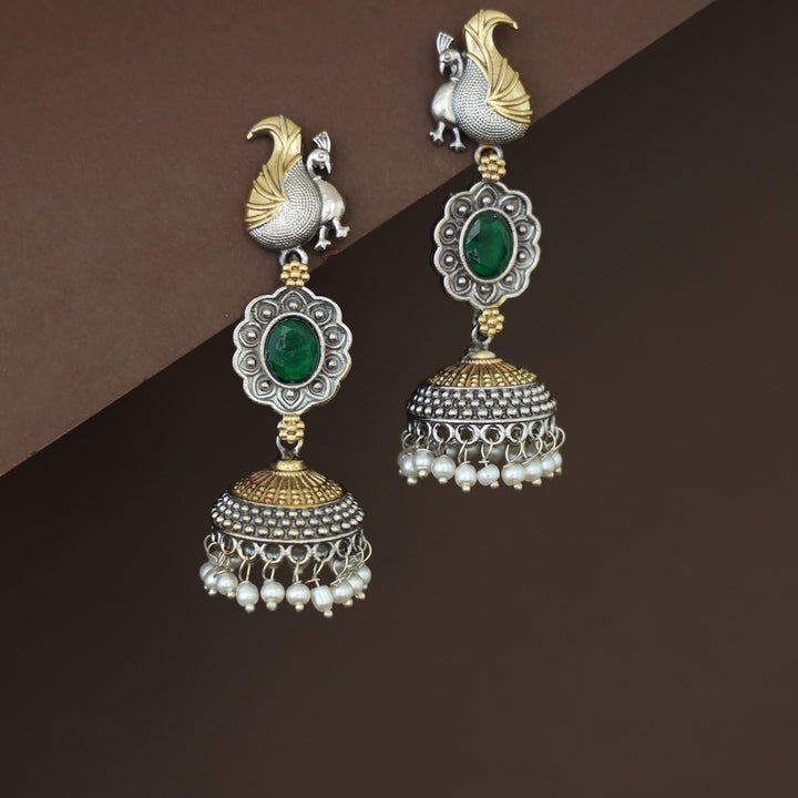 Deesha Mayura Dual Tone Oval Glossy Jhumka