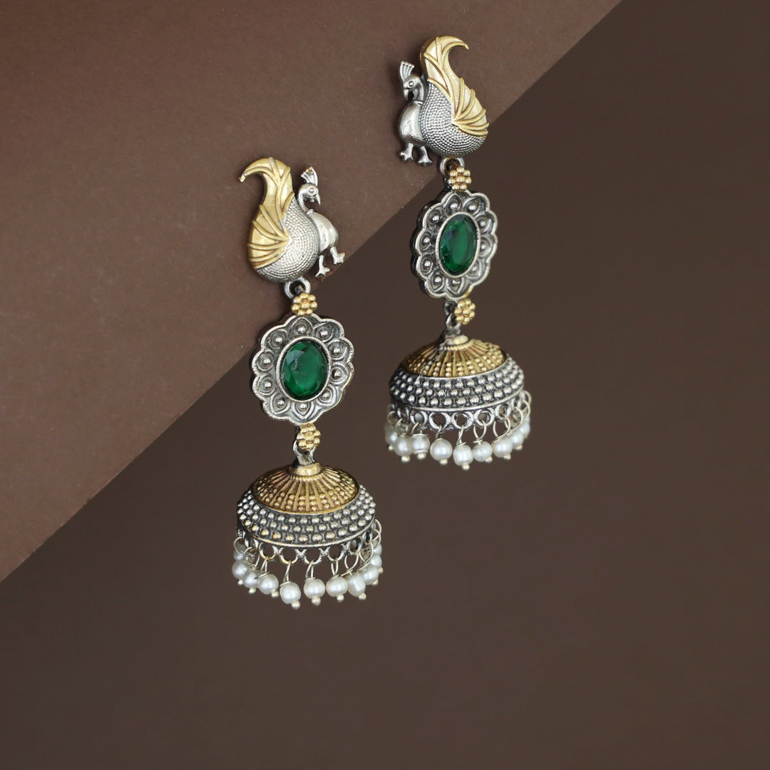 Deesha Mayura Dual Tone Oval Glossy Jhumka