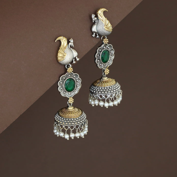 Deesha Mayura Dual Tone Oval Glossy Jhumka