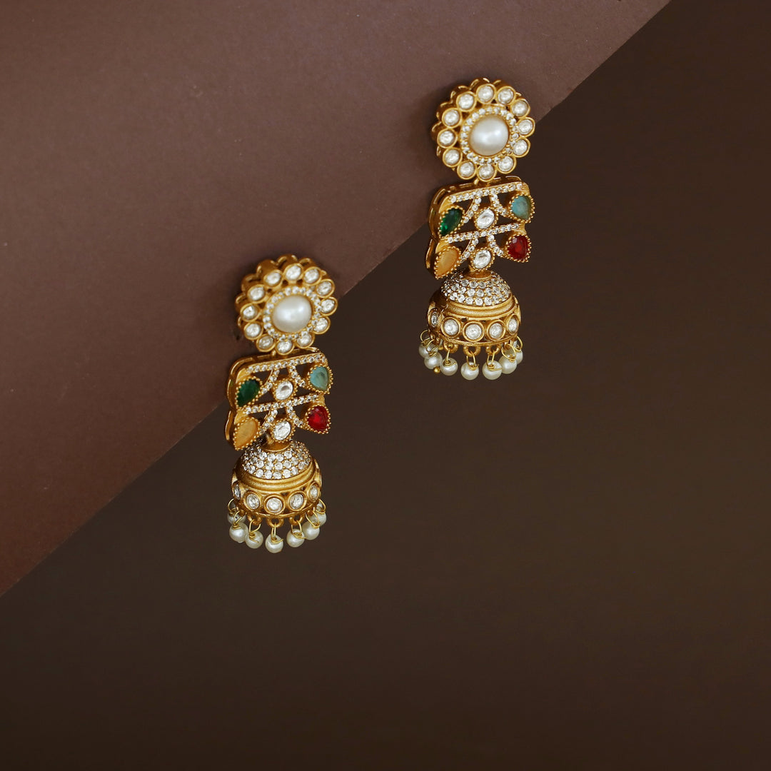 Rakhi Floral Pearl Kundan Jhumka