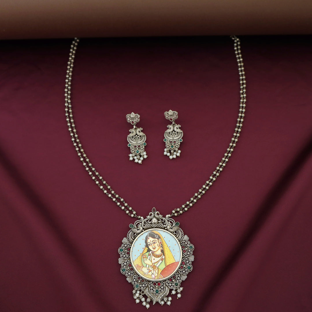 Ashly Antique Silver 2 Layer Ball Pendant Neckpiece With Earring