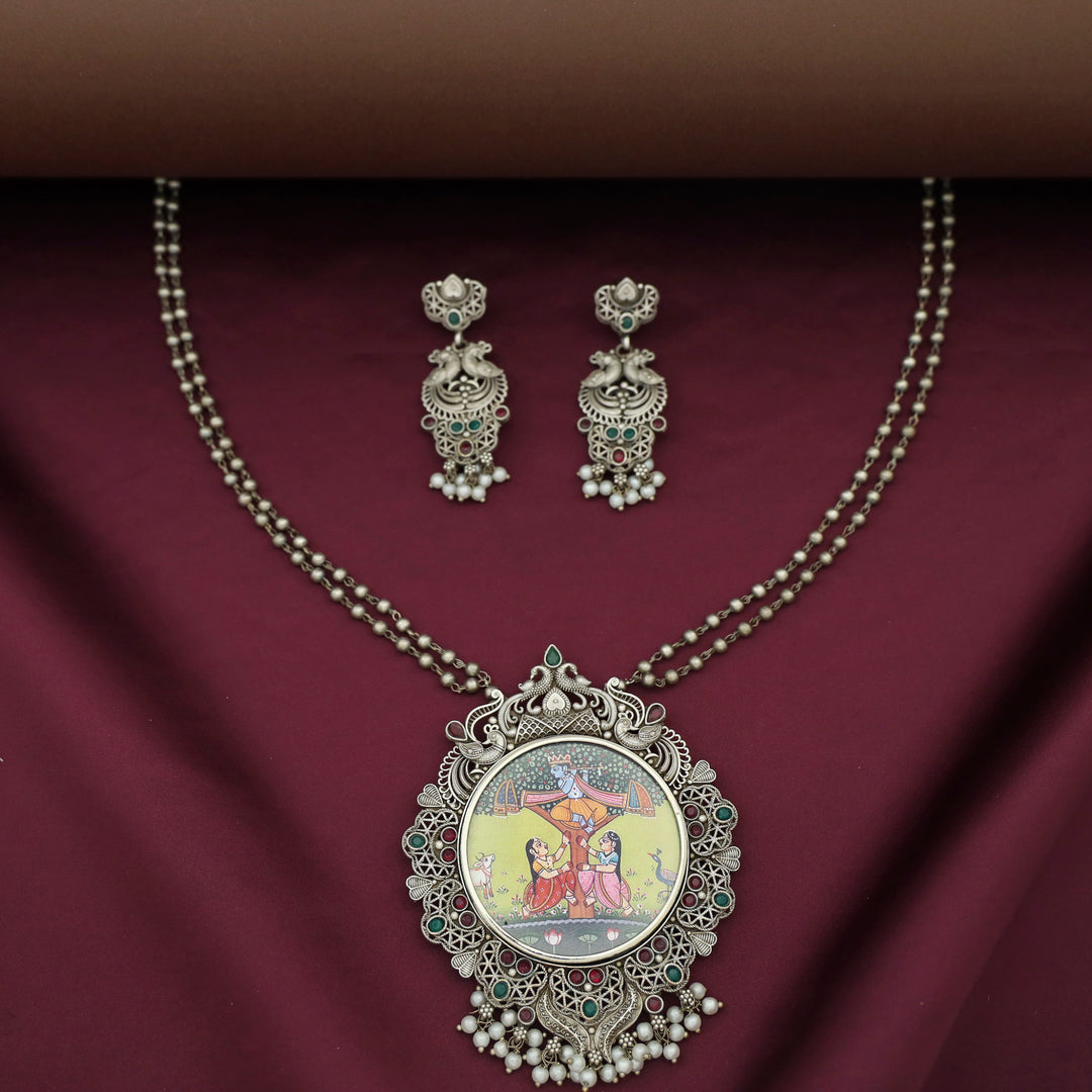 Ashly Antique Silver 2 Layer Ball Pendant Neckpiece With Earring