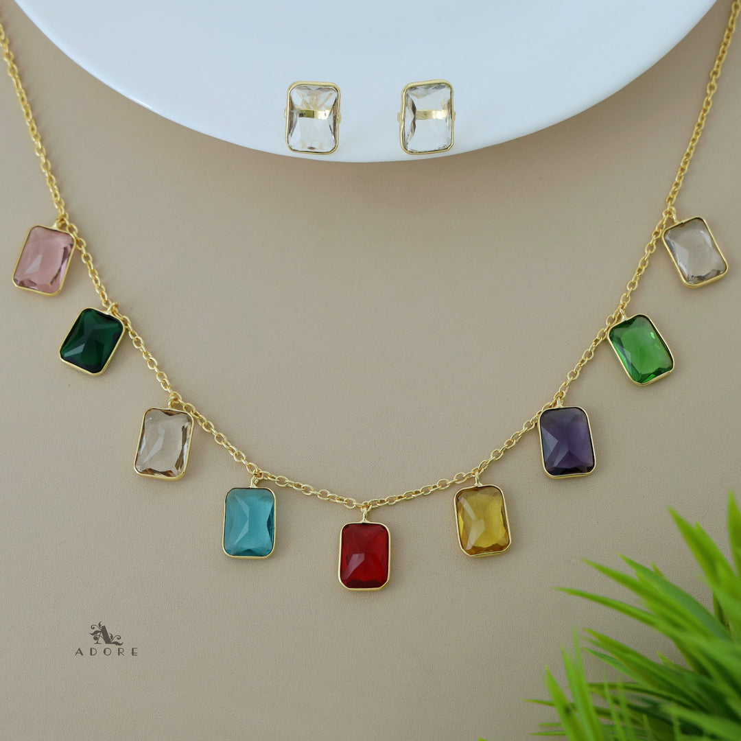 Hanging 9 Stone Rectangle Glossy Neckpiece With Stud