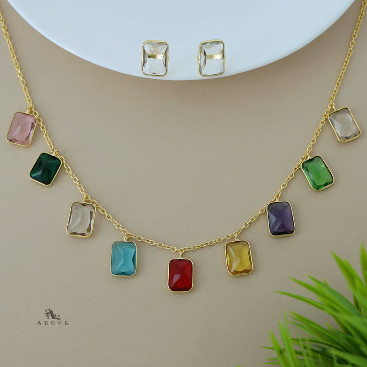 Hanging 9 Stone Rectangle Glossy Neckpiece With Stud