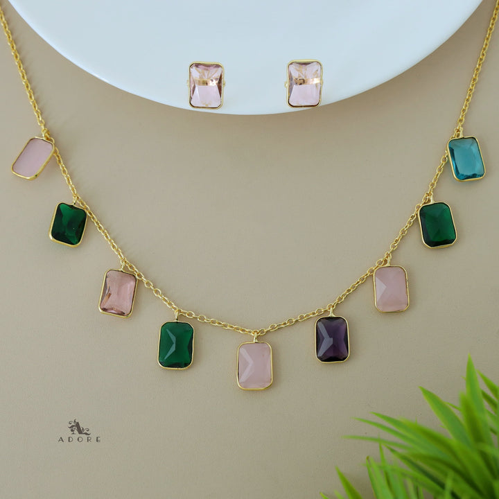 Hanging 9 Stone Rectangle Glossy Neckpiece With Stud