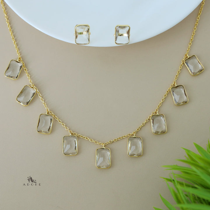 Hanging 9 Stone Rectangle Glossy Neckpiece With Stud