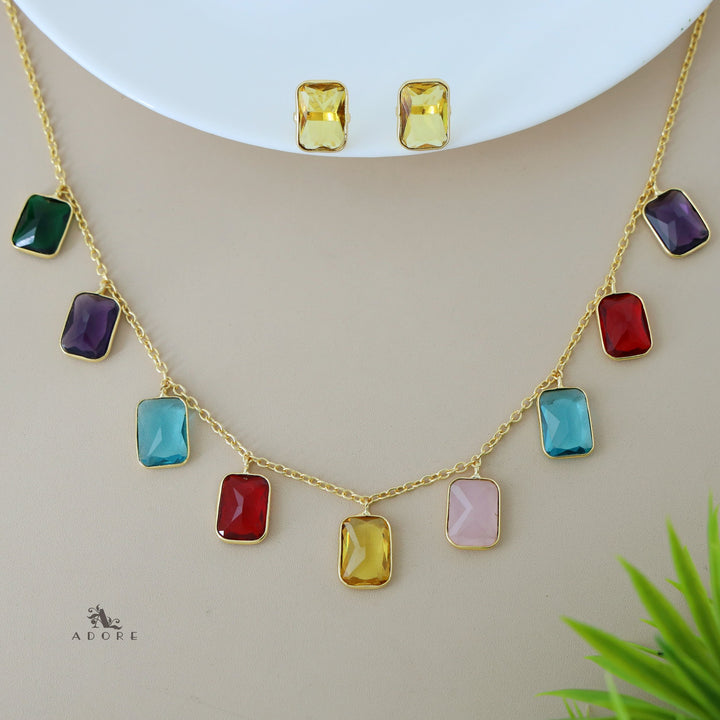 Hanging 9 Stone Rectangle Glossy Neckpiece With Stud
