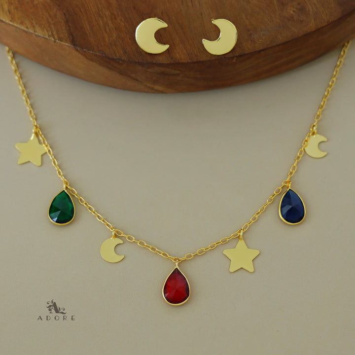 Astral Glossy Tri Drop Neckpiece With Golden Moon Stud