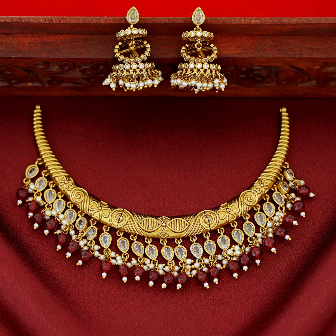 Premium Beaded Drop Stiff Wings Short Neckpiece With Earring