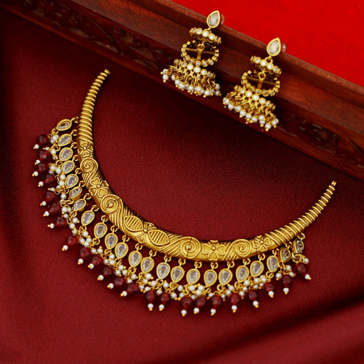 Premium Beaded Drop Stiff Wings Short Neckpiece With Earring