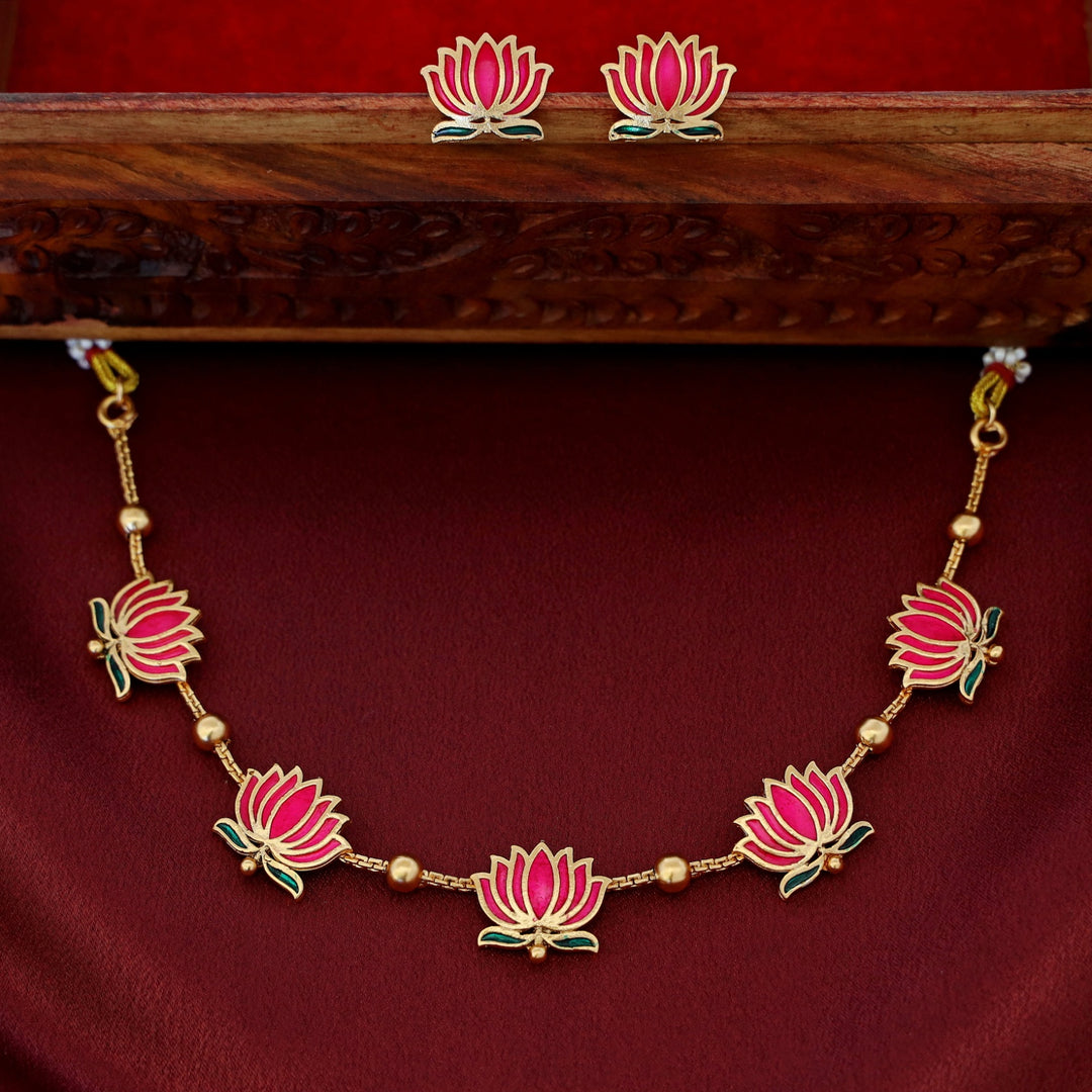 Golden Ball Advaita Enamel Lotus Short Neckpiece / Choker With Earring
